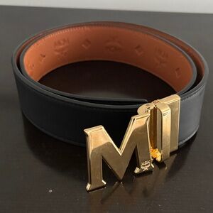 MCM Black Leather Belt with Gold M Buckle and Tan Interior